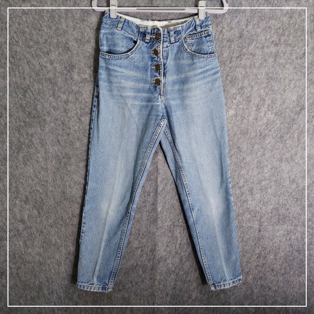 Guess Women Jeans 26 Blue Retro Button Fly High Rise Tapered Leg Denim